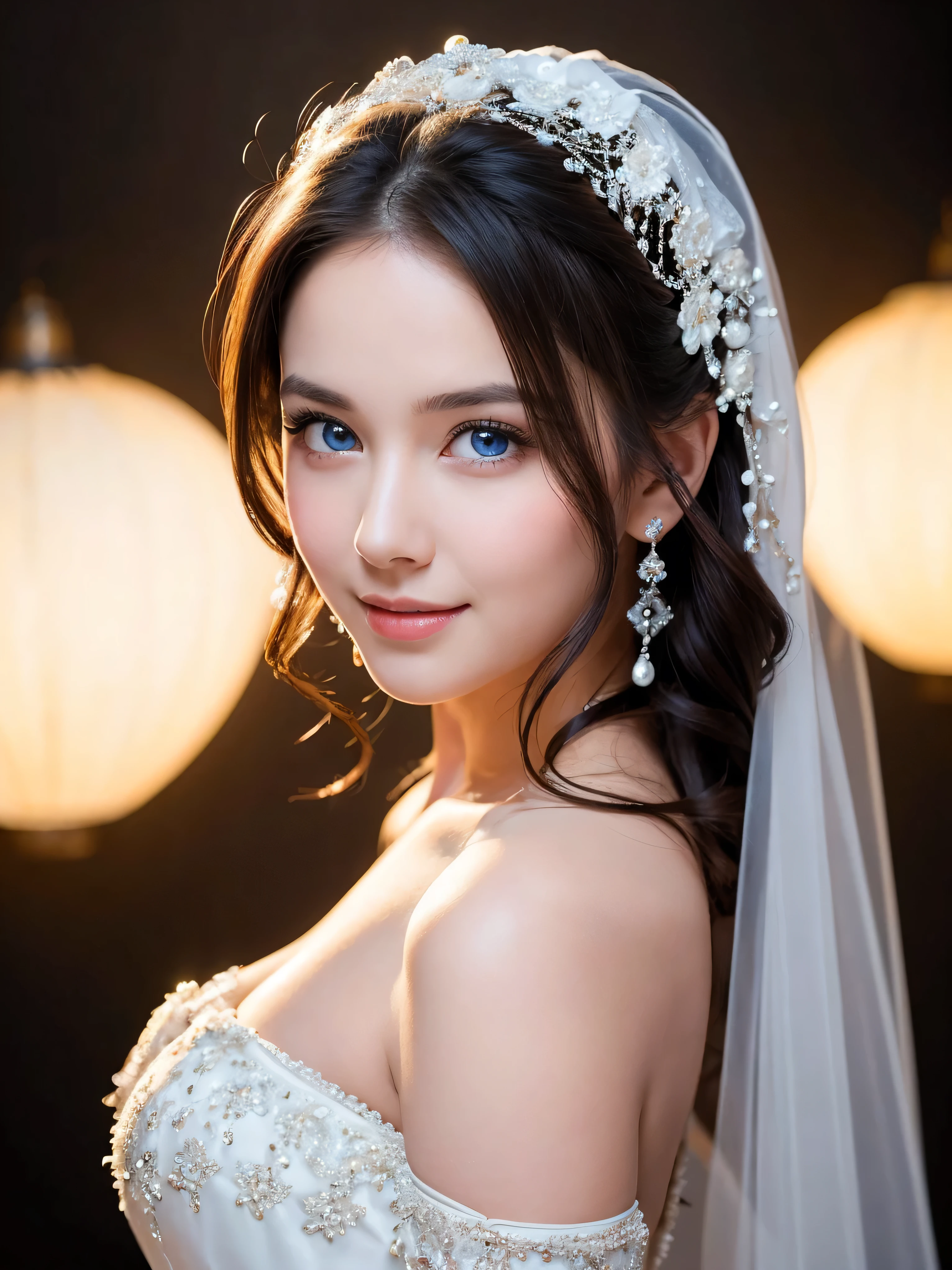 In a cinematic masterpiece, a stunning bride faces the camera with a perfect face, featuring flawless symmetry in her bright blue eyes. Her plump lips curve into a joyful smile, showcasing her flexible and alluring female form beneath a flowing white off-the-shoulder wedding dress adorned with a majestic headdress. Against a dark background, she exudes happiness as cowboy-themed studio lights radiate an energetic atmosphere, illuminating every detail in high resolution.