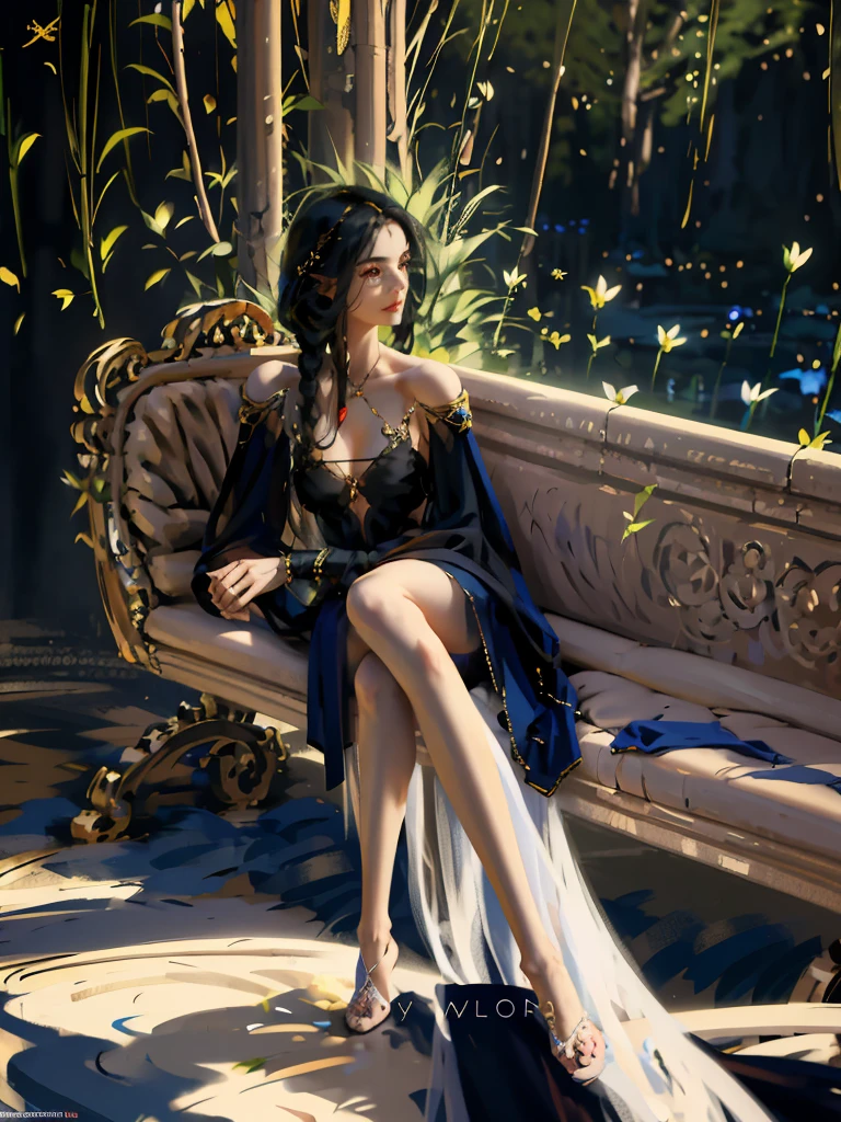 young elf, feminine appearance, royaltly, elf princess, elf sitting on bench in the garden, bad appearance, long black hair and red eyes, youthful face, voluminous breasts, breasts showing, shoulders exposed, black gown, long, thin fabric dress, fleshy thighs, details in gold, ultra realisitic, 4K, realistic scenario, flower garden, body skinny, NSFW, +18.