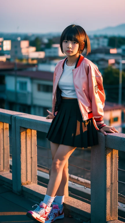 Girl with flamboyant appearance and rebellious attitude, Japanese, 15 years old, delinquent girl, alone, gal style with emphasis on cuteness, jacket, extremely short skirt, sneakers, bobbed hair, looking at me with upper eyes, looking at people, lonely expression, solitude, old Hakodate townscape in background, summer, evening, setting sun, movie A scene, realistic, 8K, masterpiece, super high resolution, RAW photo, highest quality,