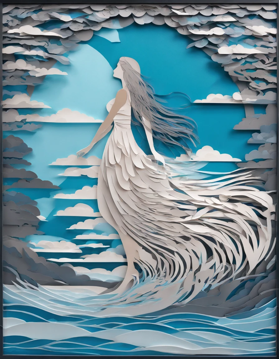 (((3D impressionist illustration, The face is precise))), A Russian girl in her early 20s with ash grey hair, Head to toe full body, Low Contrast, A pure fallen angel descending onto the clear blue water, A multitude of colorful feathers flutter behind her