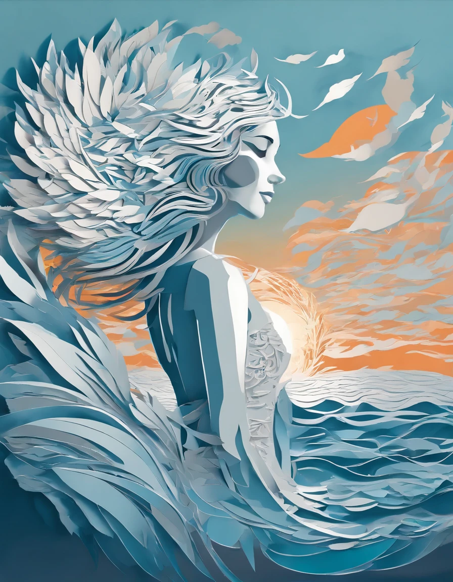 (((3D impressionist illustration, The face is precise))), A Russian girl in her early 20s with ash grey hair, Head to toe full body, Low Contrast, A pure fallen angel descending onto the clear blue water, A multitude of colorful feathers flutter behind her