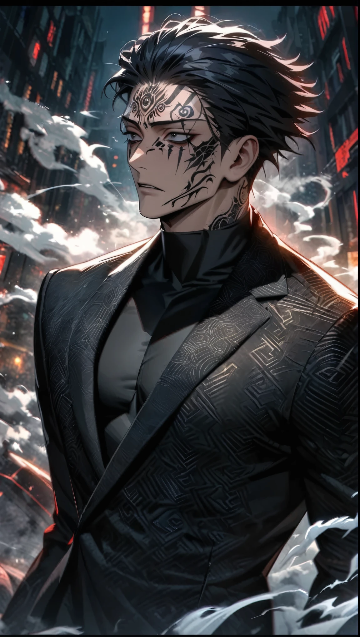 Ultra detailed, HDR, Highres, absurdres, master piece, Ryomen Sukuna, expressive Black eyes, black hair, dark tattoo under the eyes, Jujutsu Kaisen, black suit with patterns, black tight shirt, white smoke, horror at night, sexy man, solo, extremely detailed face and eyes, extremely handsome, glittering
