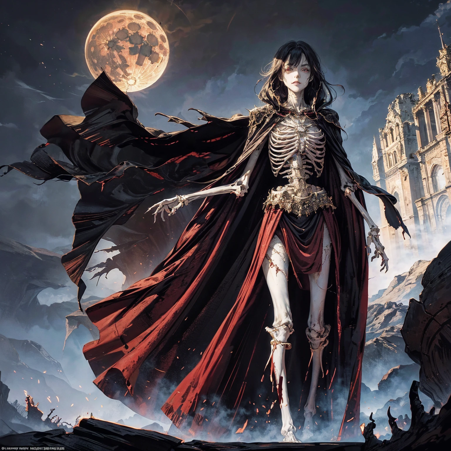 full-body shot, best quality, 4K, high resolution, masterpiece, Very detailed, Mood lighting, An undead girl in a long cape, Whole body including hands & arms & legs & feet are all skeleton bones but except the head is still beautiful human face, Wearing a ragged gothic skirt, Aloofness emotion, Dangerous sneer, Beautiful but cruel smile, Black Hair, Standing, Facing the camera, Crucified, Pitch black sky, Blood-red moon, strange atmosphere, Gothic style, Unforgettable beauty, Dramatic shadows, Ethereal Light, Mysterious atmosphere.