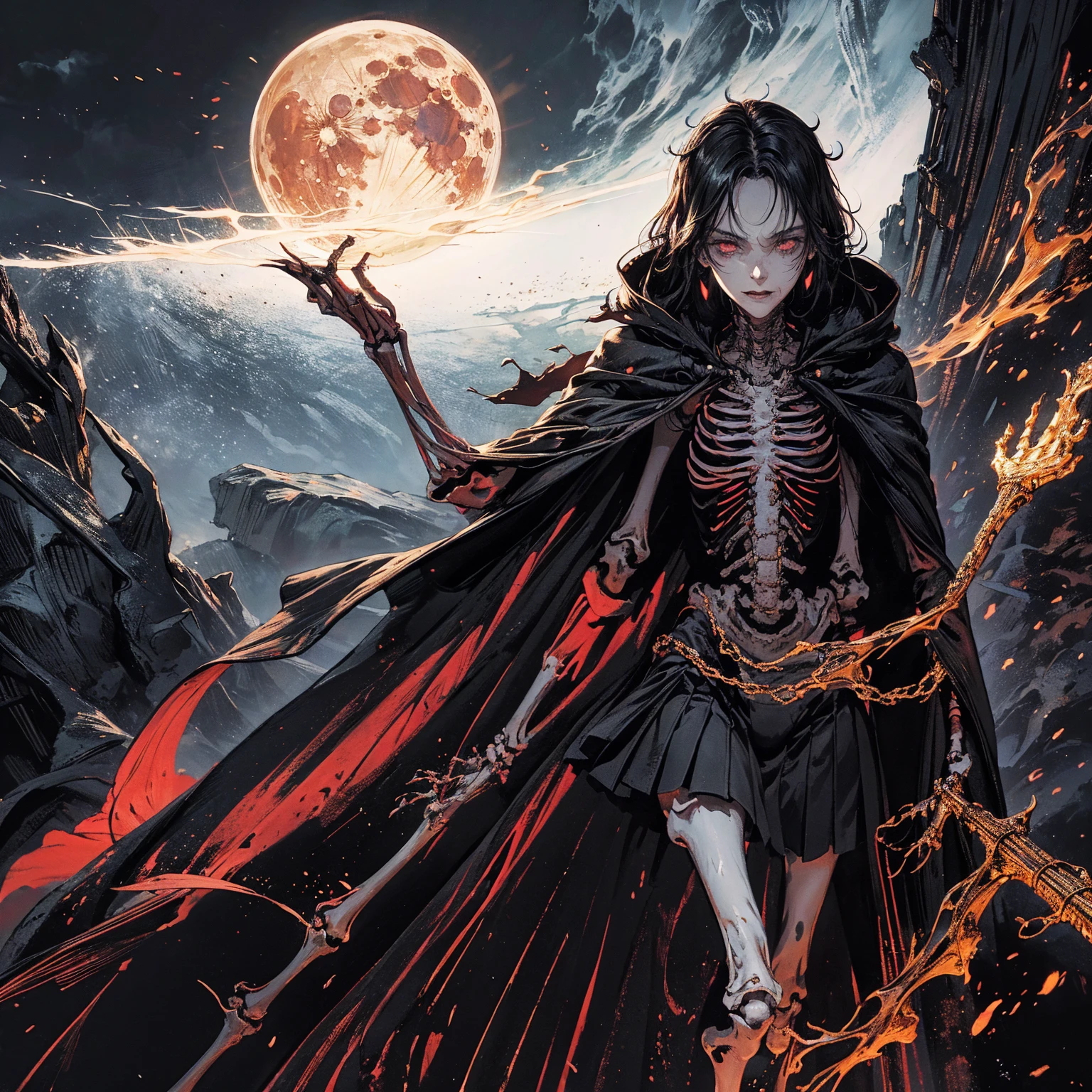 full-body shot, best quality, 4K, high resolution, masterpiece, Very detailed, Mood lighting, An undead girl in a long cape, Whole body including hands & arms & legs & feet are all skeleton bones but except the head is still beautiful human face, Wearing a ragged gothic skirt, Aloofness emotion, Dangerous sneer, Beautiful but cruel smile, Black Hair, Standing, Facing the camera, Crucified, Pitch black sky, Blood-red moon, strange atmosphere, Gothic style, Unforgettable beauty, Dramatic shadows, Ethereal Light, Mysterious atmosphere.