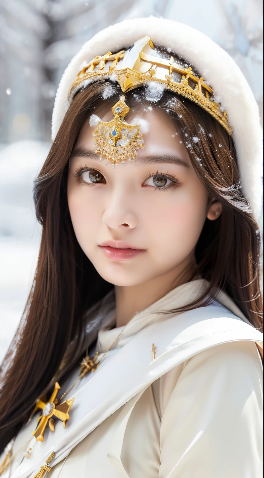 perfect figure beautiful girl:1.4, 17years old, cleavage, huge breast Layered Hair Style, (Cleric:1.5), Jewelry Decoration, Highly Detailed Face and Skin Textur, double-edged eyelid, Whiten the skin, long hair, (background snow plains), diamond dust,