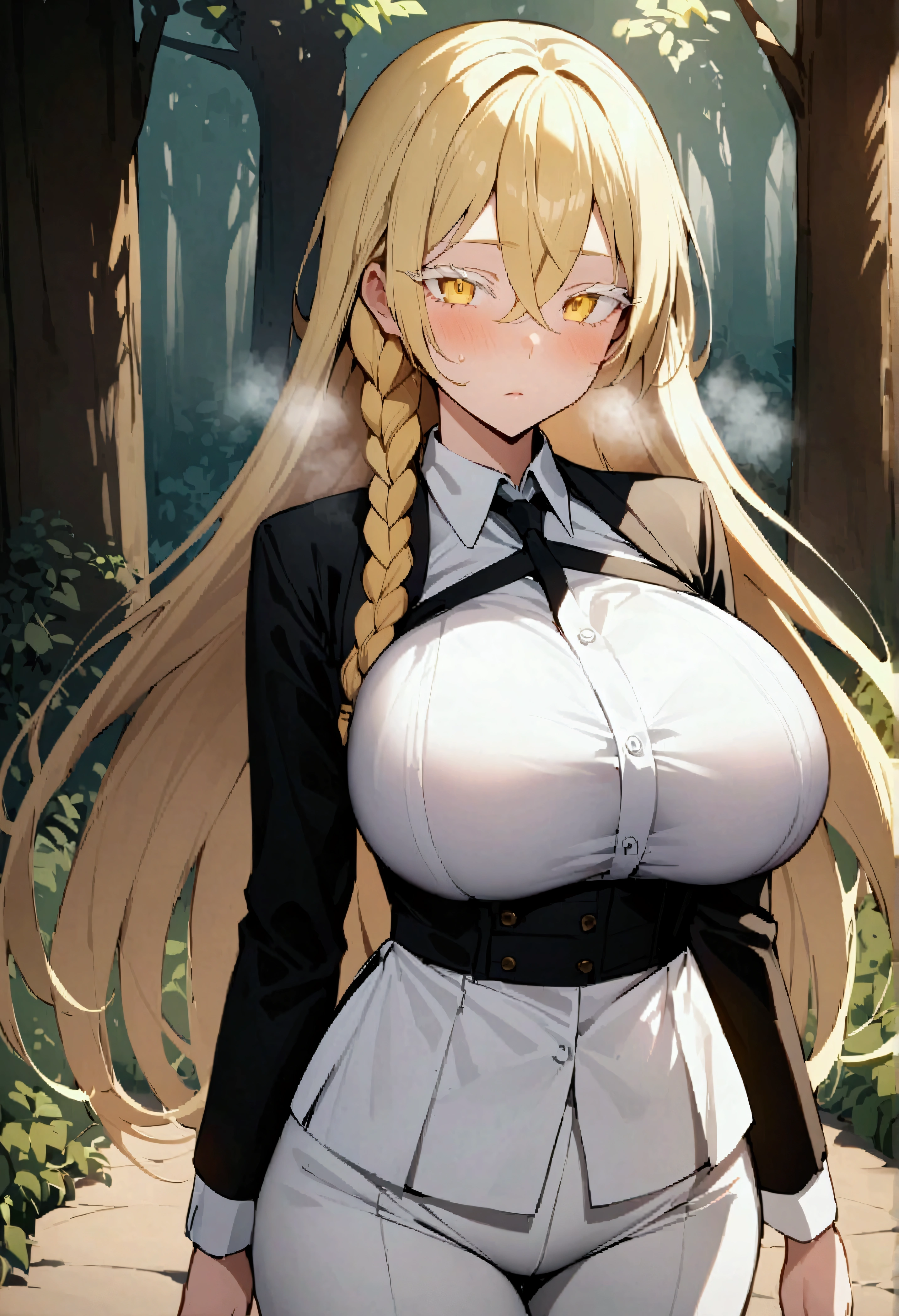 score_9、score_8_up、score_7_up、score_6_up、source_アニメ、rating_explicit、One woman、(独奏:1.1)、Big Breasts、Long Hair、Blonde Hair、Hair between the eyes、Yellow Eyes、Hair Intake、Braid、Crossed bangs、Colored eyelashes、Black Shirt、Collared shirt、Long sleeve、White pants、Expressionless、Narrow shoulders、Heavy breathing、Steaming body、forest、Outdoor、Staring at the audience、Are standing、Close-up