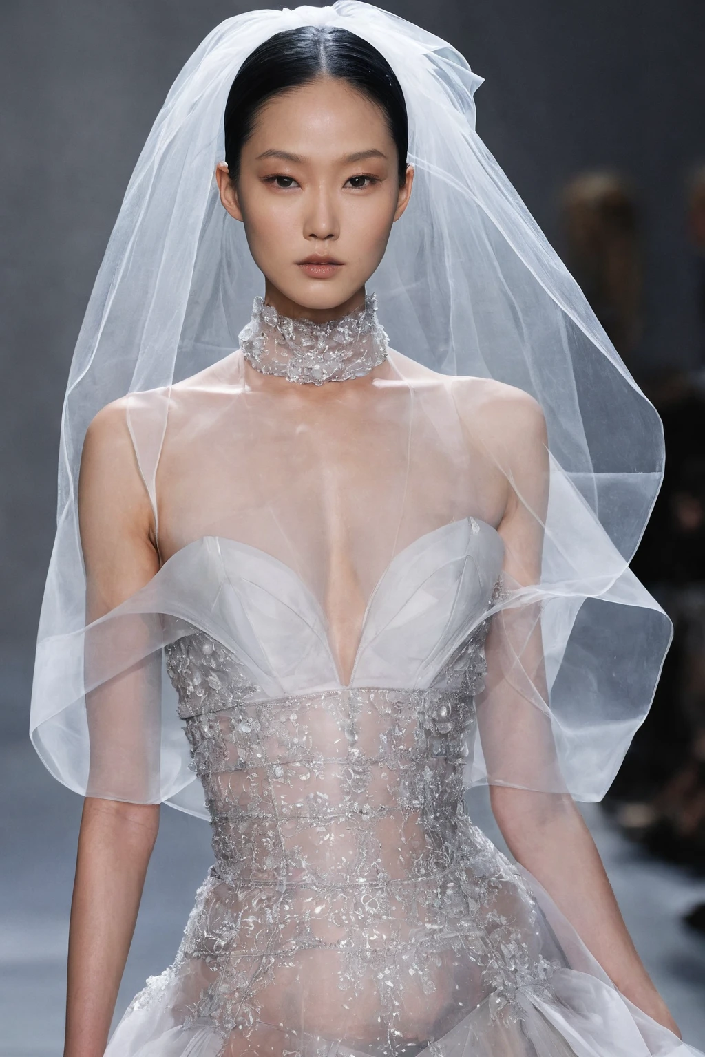 Woman in dress with veil and gloves, Translucent dress, Vera Wang Couture, ハイfashion! fashion!, ハイfashion fashion, !!! ハイfashion!!!, high fashion ハイfashion, !! ハイfashion!!, ハイfashion, See-through dress, ! ハイfashion!, Futuristic and fantastical, Wearing an organza gown, Herpen Iris!!!, Inspired by Giorgio De Vincenzi