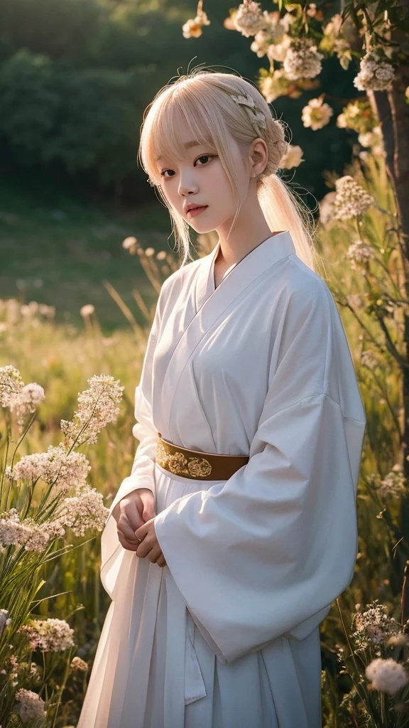 「Korean albino girl」Generates the featured image。Please include the following elements：

- **Object**: Korean albino girl
- **adjective**: beautifully、Elegant、Mysterious - **Mood/atmosphere**: Calm and fantastic、少し幻想的なatmosphere
- **composition**: Focusing on the upper body、Make sure your body from the shoulders up is clearly visible - **time zone**: Magic hour after sunset - **illumination**: Soft and warm sunset light、The soft shadows are beautiful - **Movement**: Calm and quiet pose、Turn your face slightly to one side - **style/theme**: Romantic and fantastical、Reminiscent of Korean legends and myths - **Placement Description**: The background features traditional Korean decorations and、Beautiful scenery of nature（for example、Mountain々and flowering meadow）Put in、Use this prompt to highlight the main character、幻想的で美しいKorean albino girlの画像を生成してください。