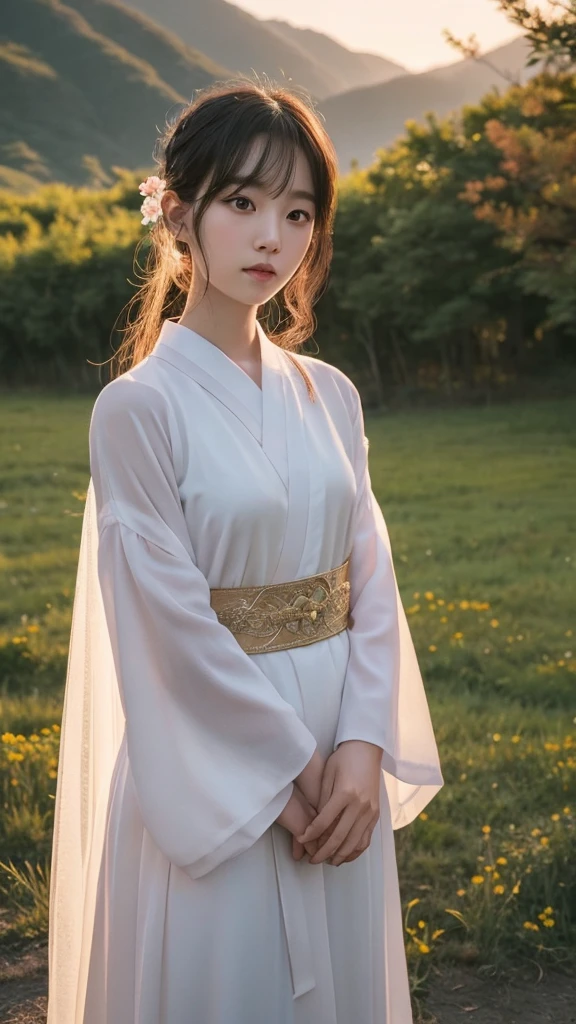 「Korean albino girl」Generates the featured image。Please include the following elements:
- **Object**: Korean albino girl
- **adjective**: beautifully、Elegant、Mysterious - **Mood/atmosphere**: Calm and fantastic、少し幻想的なatmosphere
- **composition**: Focusing on the upper body、Make sure your body from the shoulders up is clearly visible - **time zone**: Magic hour after sunset - **illumination**: Soft and warm sunset light、The soft shadows are beautiful - **Movement**: Calm and quiet pose、Turn your face slightly to one side - **style/theme**: Romantic and fantastical、Reminiscent of Korean legends and myths - **Placement Description**: The background features traditional Korean decorations and、Beautiful scenery of nature(for example、Mountain々and flowering meadow)Put in、Use this prompt to highlight the main character、幻想的で美しいKorean albino girlの画像を生成してください。