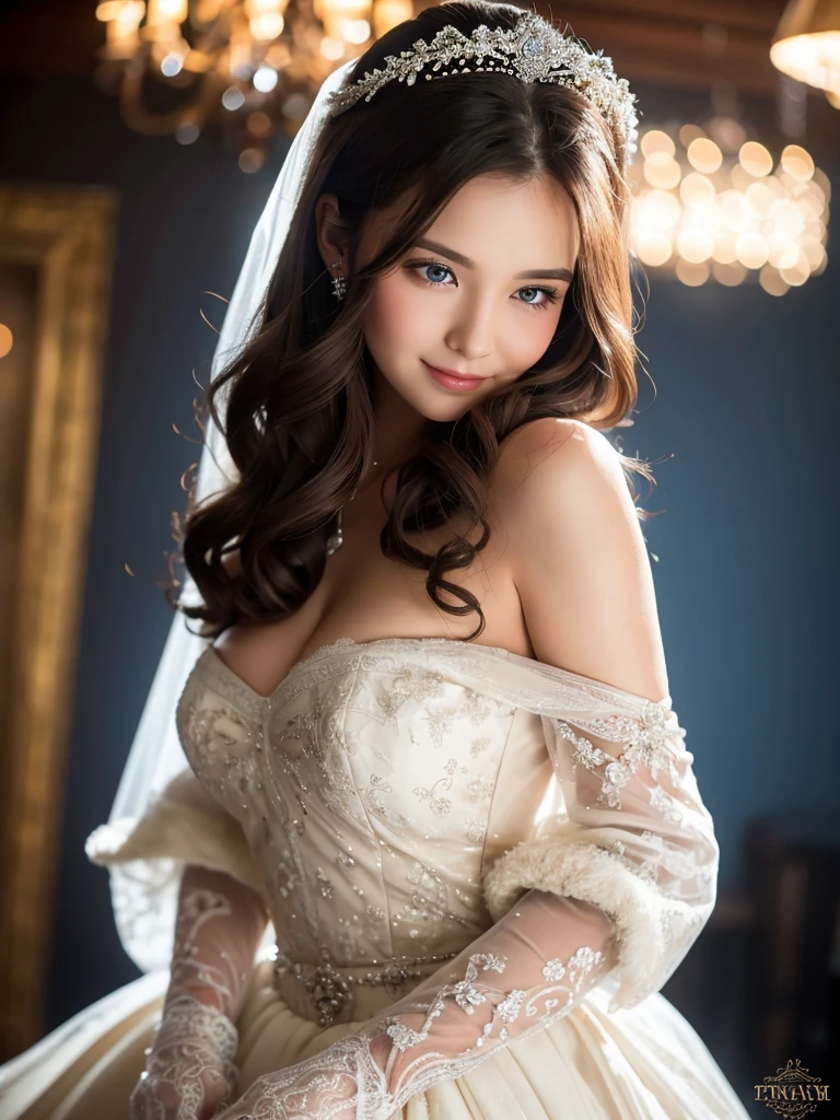 A cinematic masterpiece captures the breathtaking beauty of a stunning bride. Facing the camera with a flawless face, her bright blue eyes shine like precious gems. Her plump lips curve into a joyful smile, framing her alluring female form beneath an off-the-shoulder wedding dress adorned with a majestic headdress. Against a dark background, she exudes happiness as cowboy-themed studio lights radiate an energetic atmosphere, illuminating every detail in high resolution. The focus is sharp, highlighting the intricate details of her outfit, from the delicate patterns to the subtle texture of the fur trim. A stunning portrait of Anna Dittman-like beauty, dressed in a fitted red and white dress with fur trim, wide sleeves, and gloves, set against a darker bokeh background. Her long ash-brown hair cascades down her back as she gazes directly at the viewer with a captivating smile.