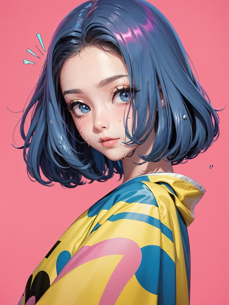 Beauty, High nose, Long eyelashes, 目にLight, Pink Lips, Closed Mouth, blue, Light, Fluttering Hair,Big eyes, Inner color hair, turn around, Get wet, short hair, cute, 30 years old, glossy, charm, Real, null,Big white t-shirt, Gray Hair,crown,