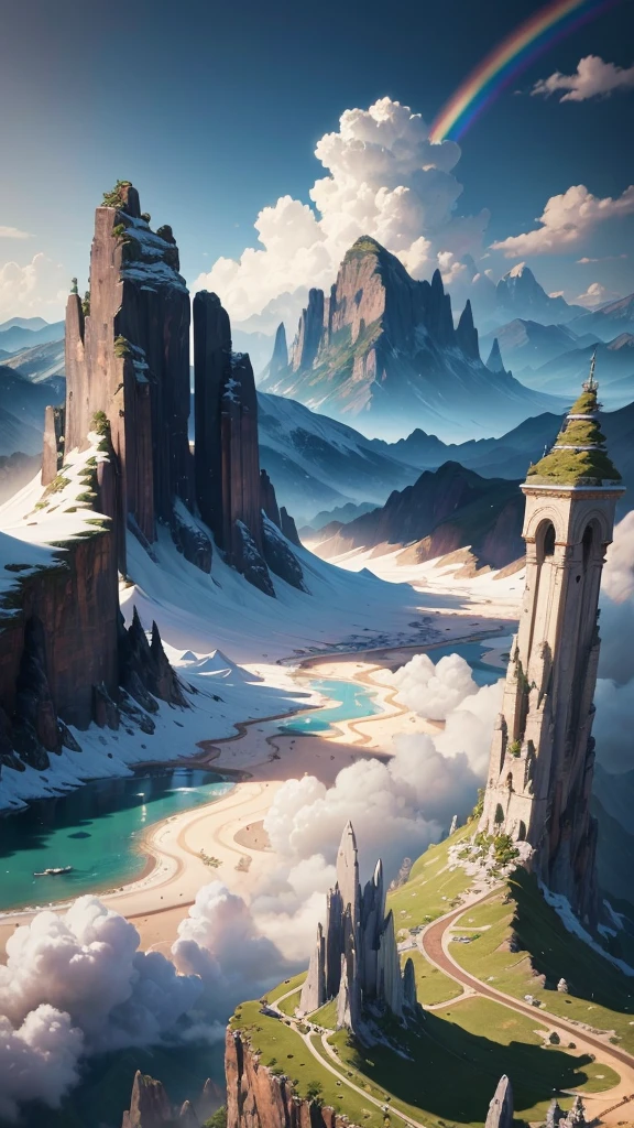 Best quality, masterpiece, realistic, extremely detailed CG Unity 8k wallpaper, Ultra high pixel, high detail, super high resolution, 16K ultra HD, Official art,Rainbow in the sky, beautiful landscape,