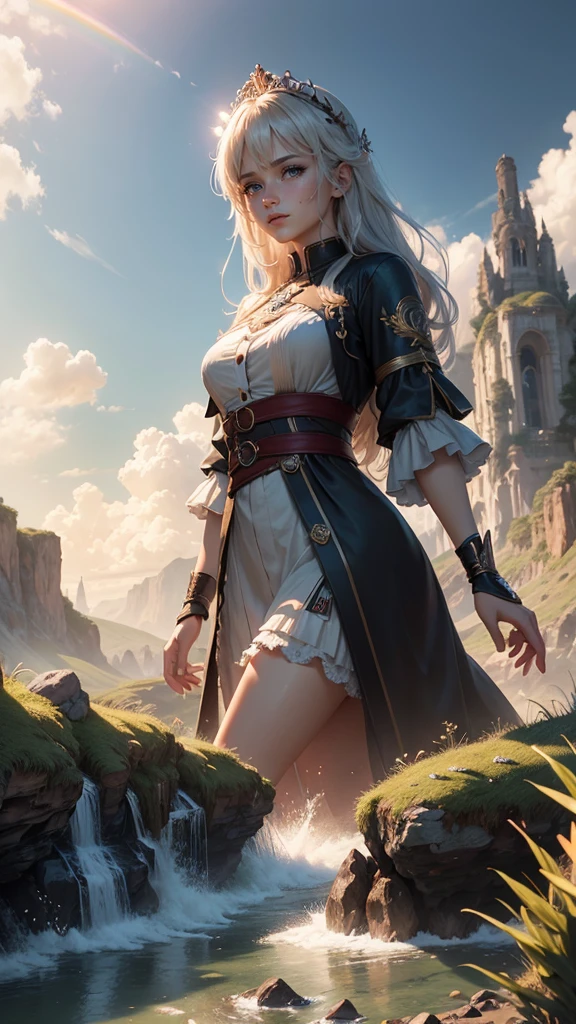 offcial art, Unity 8k Wallpapers, ultra - detailed, Beautiful and beautiful, tmasterpiece, best qualtiy, scientific fiction, (natta:1.2), (1girll:1.3), (年轻:1.1),The picture is clear,a close up of a woman in a dress and stockings, gorgeous maid, Maid outfit,is shy, ssmile, Be red in the face, long whitr hair, whaite hair, Striped hair, red eyes, Hair Bow, Moles under the eyes, (cinmatic lighting:1.2),A person poses for a photo in a maid costume,the maid outfit,laced dress,Luxury theme,realistic dress,The skin details are very detailed,Watch machinery,Beautiful Maid,Feminine beauty,Stunning character art,Ray traching