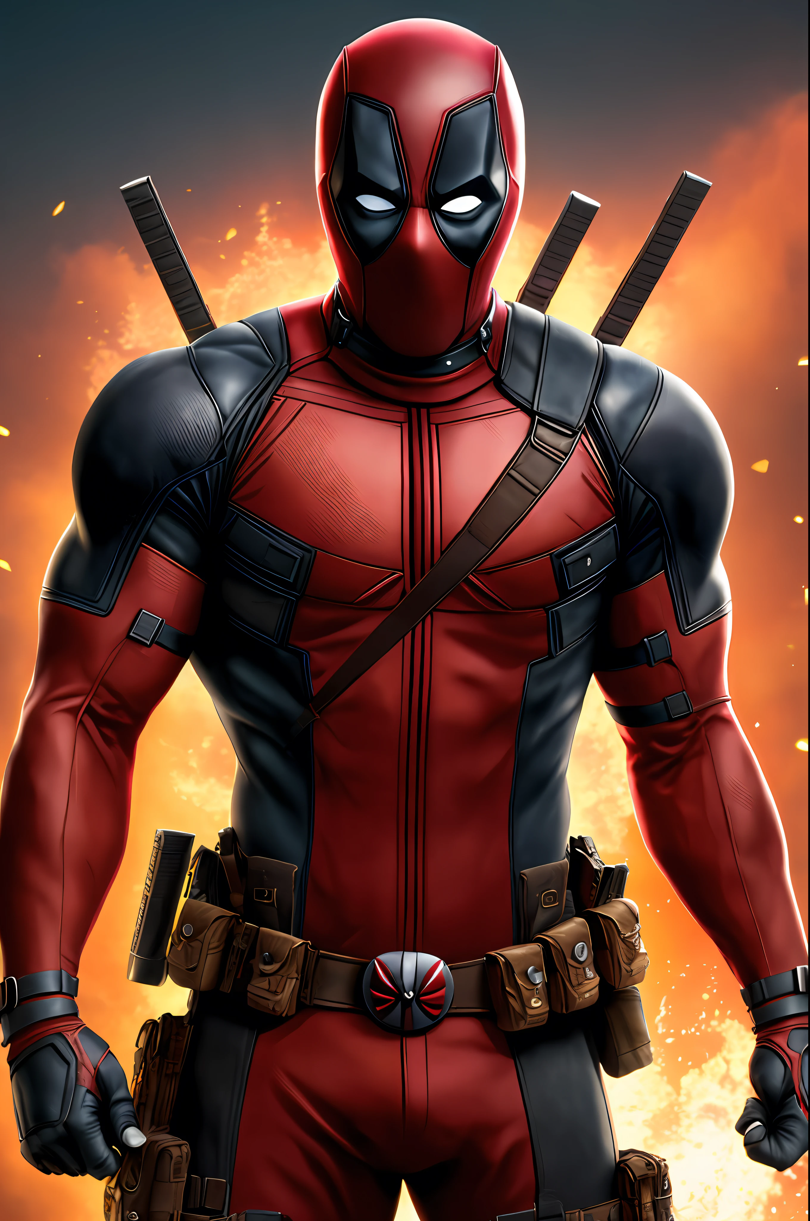 (extremely detailed 8k wallpaper), uma foto mid-frame de Deadpool da Marvel, Complex, Very detailed and dramatic.