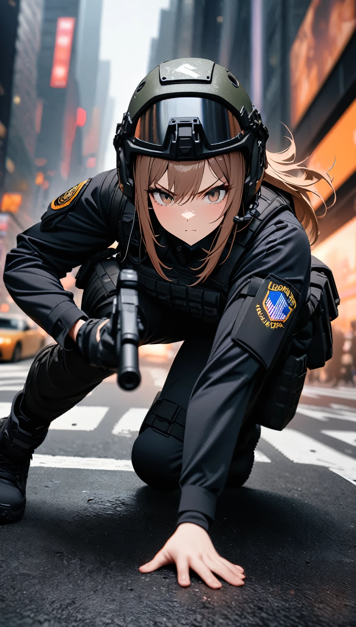 (masterpiece,Highest quality,Highest quality,Super detailed,High resolution),8k,wallpaper,One Woman,American Woman,Brunette,(Beautiful Eyes,Beautiful Hair,Beautiful Skin,Beautiful Face),Serious,whole body,(((Crouch down and aim your gun))),(Dynamic Movement),((pistol)),New York City Police Department Special Forces Uniform,Bulletproof vest,Combat Boots,Tactical Forster,Tactical Headset,Tactical Helmet,(The background is New York City:1.6),(((Background Blur)))