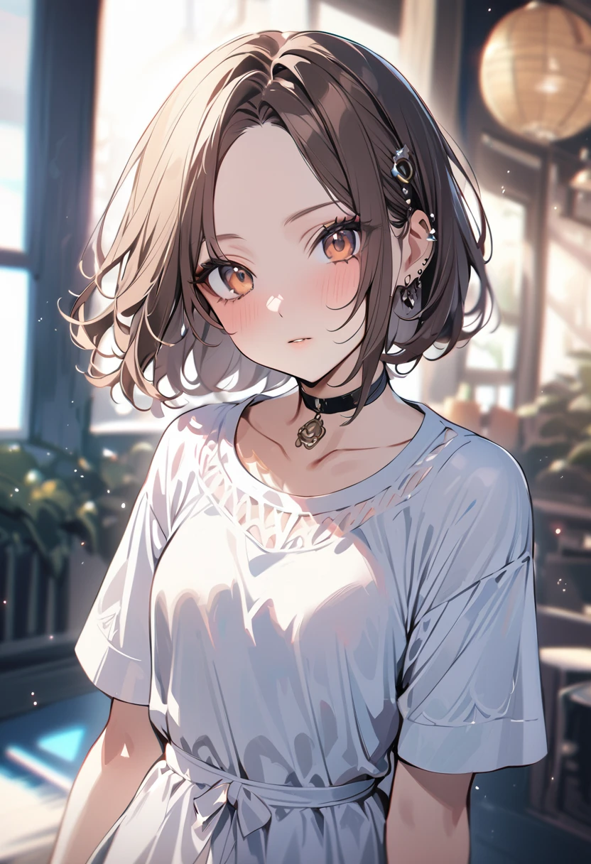 (masterpiece), (high resolution 8K), detailed eyes and face, detailed body, (extremely detailed and beautiful background), (depth of field:1.4), beautiful detailed glow light particles,
BREAK 1 girl, bob, center part, forehead, brown hair, piercing, brown eyes, expressionless,
BREAK (choker), cowboy shot, model posing, dutch angle,