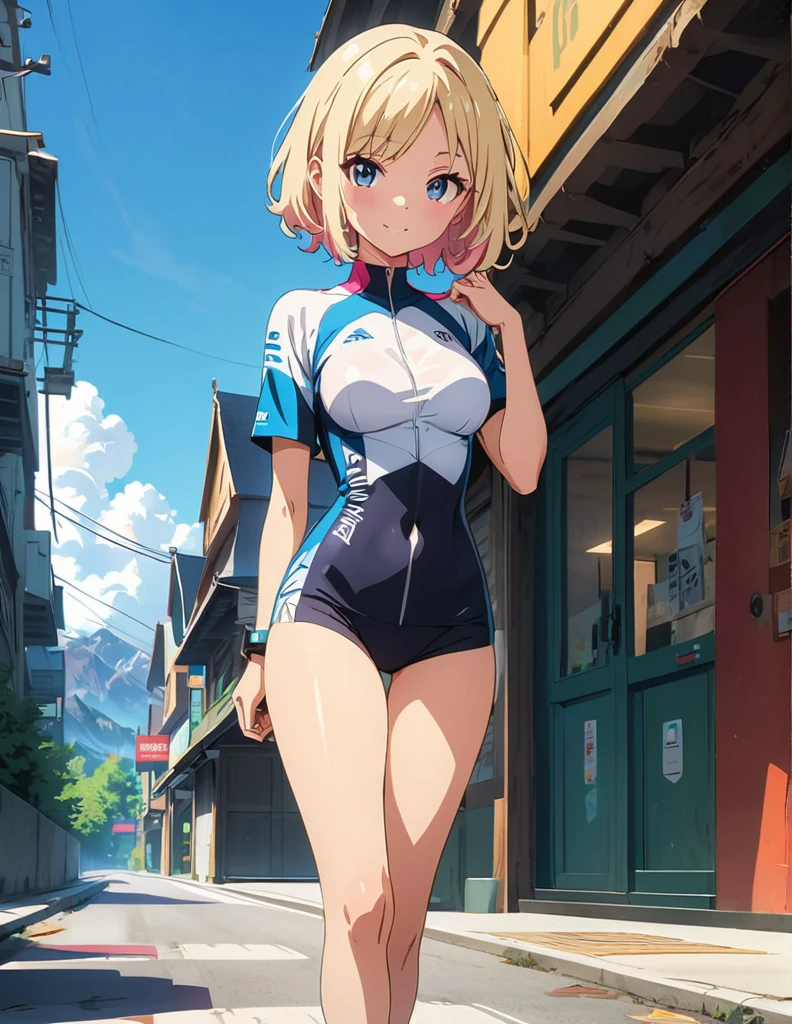 (anime artwork, anime style, studio anime, very detailed, up to date, vibrant, Anime Coloring, high contrast, masterpiece:1.2, best quality, best aesthetics),2 girl,cycle-wear,Medium chest,random hair, One eye is hidden by the bangs, perfect proportions, high detail skin, Cute, detailed faces, precise fingers,full body,road bike