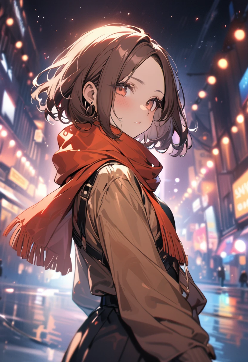 (masterpiece), (high resolution 8K), detailed eyes and face, detailed body, (extremely detailed and beautiful background), (depth of field:1.4), beautiful detailed glow light particles,
BREAK 1 girl, bob, center part, forehead, brown hair, piercing, brown eyes, expressionless,  
BREAK (scarf), cowboy shot, model posing, dutch angle,