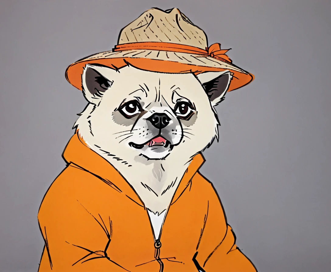 White Tanuki Hyena, Circle Eye, Pug Mouth, Orange Tracksuit, Orange Straw Hat, Sad and Frown, Style of Joseph Barbara 