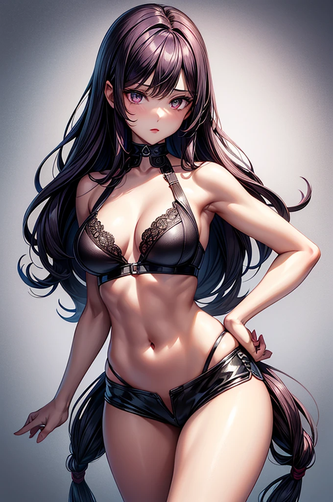 ((highest quality)),(ultra high resolution),(Super detailed), (best work of art), (ung girl:1.5), beautiful and well-shaped face:1.5,(Beautiful skin with precise and detailed depiction:1.6),(sports bra and waist band nylon shorts ),gorgeous, masterpiece, best quality, high-resolution, finely detailed, extremely detailed and beautiful, distinct-image, hourglass figure,, 1 girl, 18 year old teenlo, sharp facial features, oval shaped face. cherry red lips,. velvet-colored eyes, C-cup breasts, talt(175cm), slim curves, toned body type, flowing waist length ink-black dark violet hair, small narrow waist, long and slender legs, curvy wide hips, modern athletic setting, lightly tanned white skin
