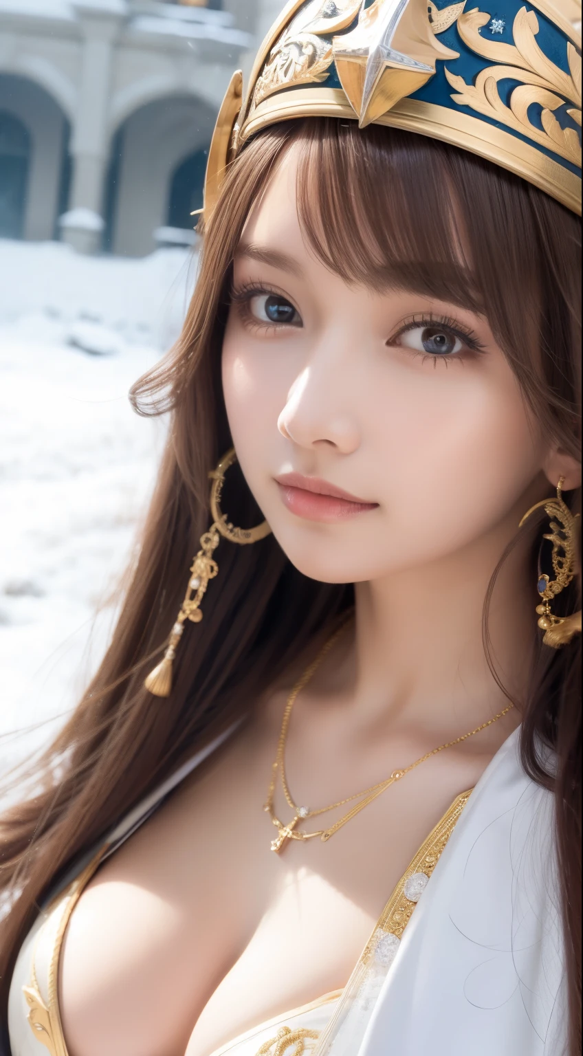 perfect figure beautiful girl:1.4, ars old, cleavage, huge breast Layered Hair Style, (Cleric:1.5), Jewelry Decoration, Highly Detailed Face and Skin Textur, double-edged eyelid, Whiten the skin, long hair,  (background snow plains), diamond dust,