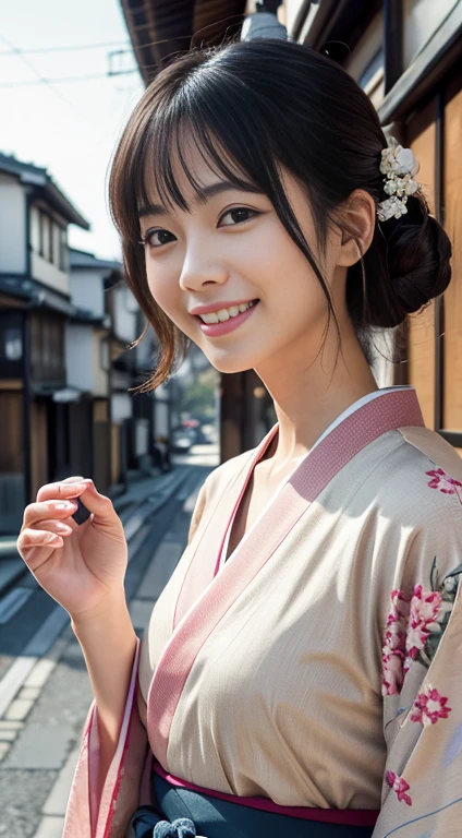 Professional Lighting,(Realistic:1.4), (Top image quality:1.0), (超High resolution:1.0), 8k, Raw photography, (masterpiece:0.2), (Dealing with the Children_v1:0.5)、(最高quality Detail:1.2)、Realistic、8kウルトラHD、High resolution、(1 girl:1.2)、超detailedな、High quality textures、複雑なdetailed、detailed、Very detailed CG、High quality shadows、detailed 美しく繊細な顔、Beautiful details and a delicate eye、(Symmetrical eyes:1.2),Written boundary depth、Ray Tracing,1 girl, 17 year old girl in Japan, (Natural smile:1.4),cute, thin, (Portrait of a beautiful Japanese woman taking off her kimono:1.2), Standing elegantly on a street corner in Kyoto. Kimono with vibrant traditional patterns, Hair decorated with elegant and delicate hairpins, Gentle expression. (With the old streets of Kyoto in the background:1.4)、The soft light of a spring afternoon、Adding tranquility to the scene. Rendered in a Realistic style with great attention to detail, High resolutionの画像.Sky Porn, Magic Hour, (Realistic:1.3), finely, quality, (Tabletop:1.2), (Realistic:1.2), (最高quality), (複雑なdetailed), dramatic, Ray Tracing, photograph, +roller