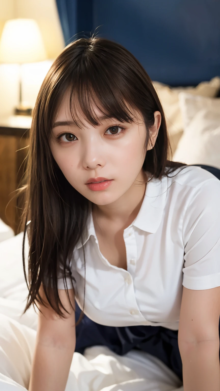 masterpiece, Highest quality, 8k, 20th Generation, hugeな胸, cute, alone, sad, cute, Girlish, Delicate girl, Pure beauty,  RAW Photos, Professional photography, Portraiture, Soft Light, Professional Lighting, Backlight, Upper Body, Front view, (On all fours, Hotel Rooms), Sophisticated, Film Grain, (Eye and facial details:1.0), Short floating hair, Beautiful, flowing hair, bangs, A tight polo shirt that expresses the roundness and softness of the chest area.., huge 、Do not publish,It protrudes greatly, Erotic shorts, Standing Elegantly、beautiful thick legs