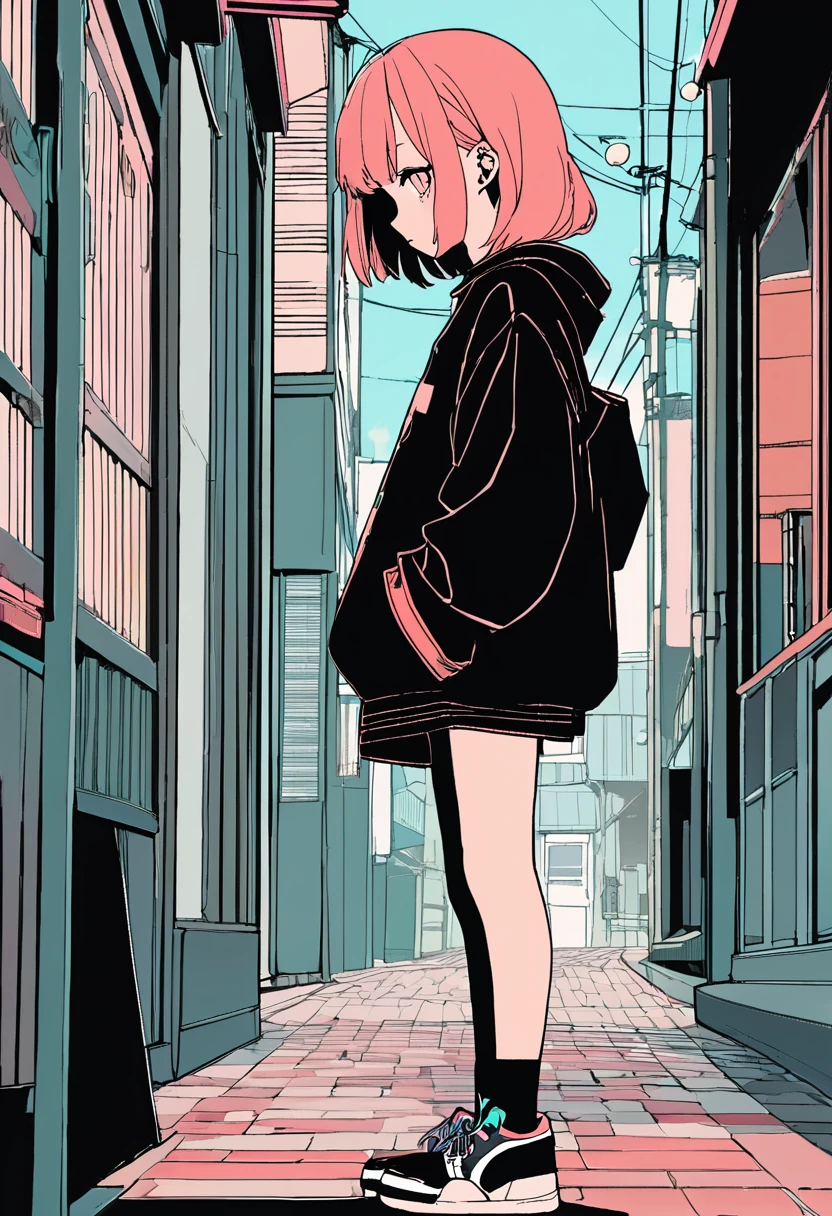 (Masterpiece, BestQuality),flat color, anime girl,lofi,japan,street,side view,(yo,twe,detailed face,eyebrows,eyes with large irises,small breasts,small nose, fresh lips,shiny skin,short hight),large sneakers