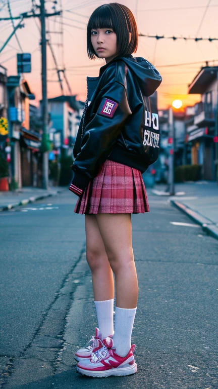 Girl with flamboyant appearance and rebellious attitude, Japanese, 15 years old, (detailed and detailed eyes, two well-defined beautiful eyes), delinquent girl, alone, gal style with emphasis on cuteness, jacket, extremely short skirt, sneakers, bobbed hair, looking at viewer, lonely expression, solitude, old Hakodate in background Townscape, summer, evening, sunset, movie scene, realistic, 8K, masterpiece, super high resolution, RAW photo, highest quality,