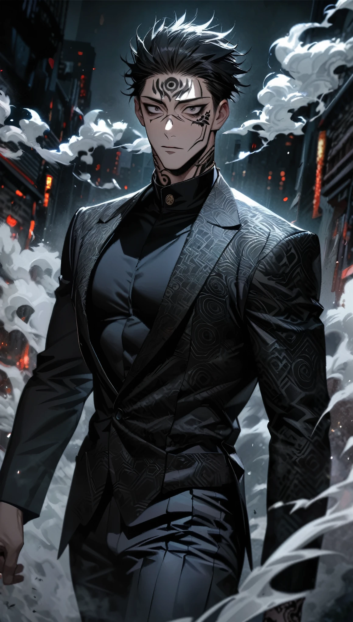 Ultra detailed, HDR, Highres, absurdres, master piece, Ryomen Sukuna, expressive Black eyes, black hair, dark tattoo under the eyes, Jujutsu Kaisen, black suit with patterns, black tight shirt, white smoke, horror at night, sexy man, solo, extremely detailed face and eyes, extremely handsome, glittering