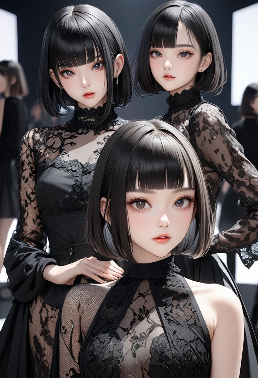 masterpiece: 1.2, highres, highest quality, 16k, ultra-realistic, photorealistic: 1.37, beautiful detailed, beautiful fashion model women, avant-garde fashion art, Avant-garde fashion based on black lace, scenes of they pose on stage at fashion shows, beautiful posture, facial expressions, the way they walk, attractive poses, demeanor, full of confidence expression,short straight black bob, blunt bangs