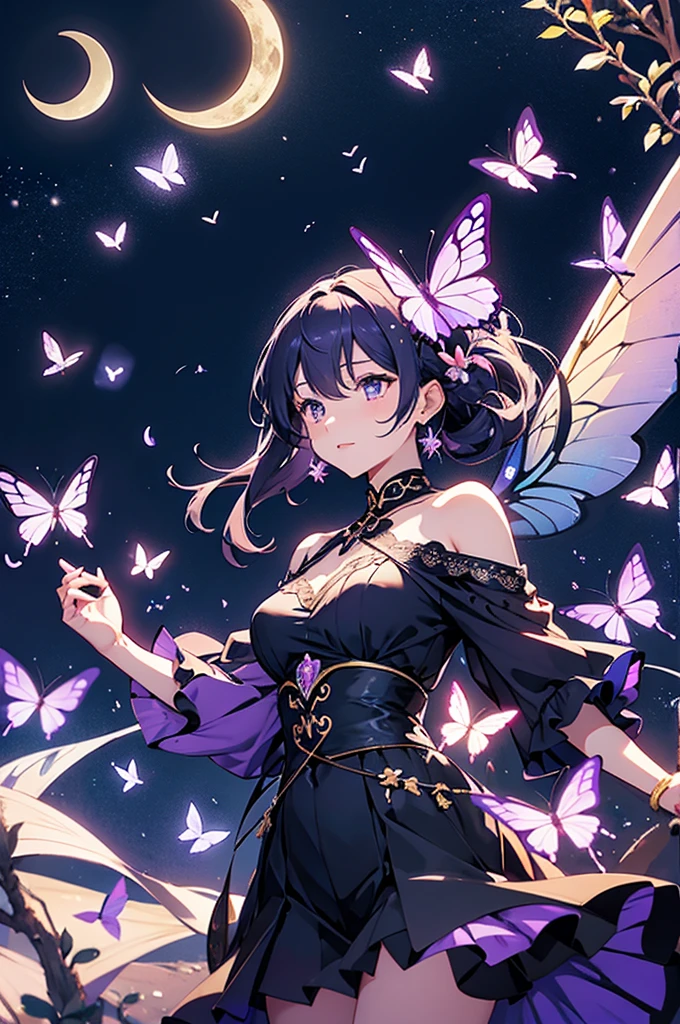 A scene of purple butterflies flying on a crescent moon night