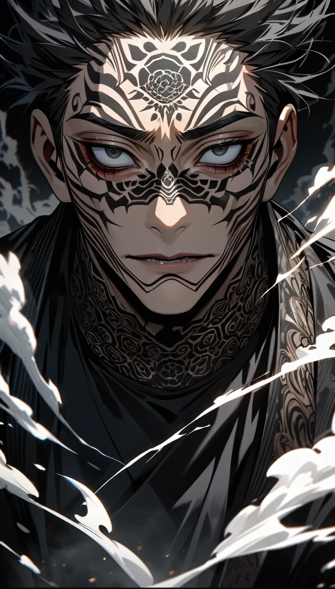 Ultra detailed, HDR, Highres, absurdres, master piece, Ryomen Sukuna, expressive Black eyes, black hair, dark tattoo under the eyes, Jujutsu Kaisen, black suit with patterns, black tight shirt, white smoke, horror at night, sexy man, solo, extremely detailed face and eyes, extremely handsome, glittering
