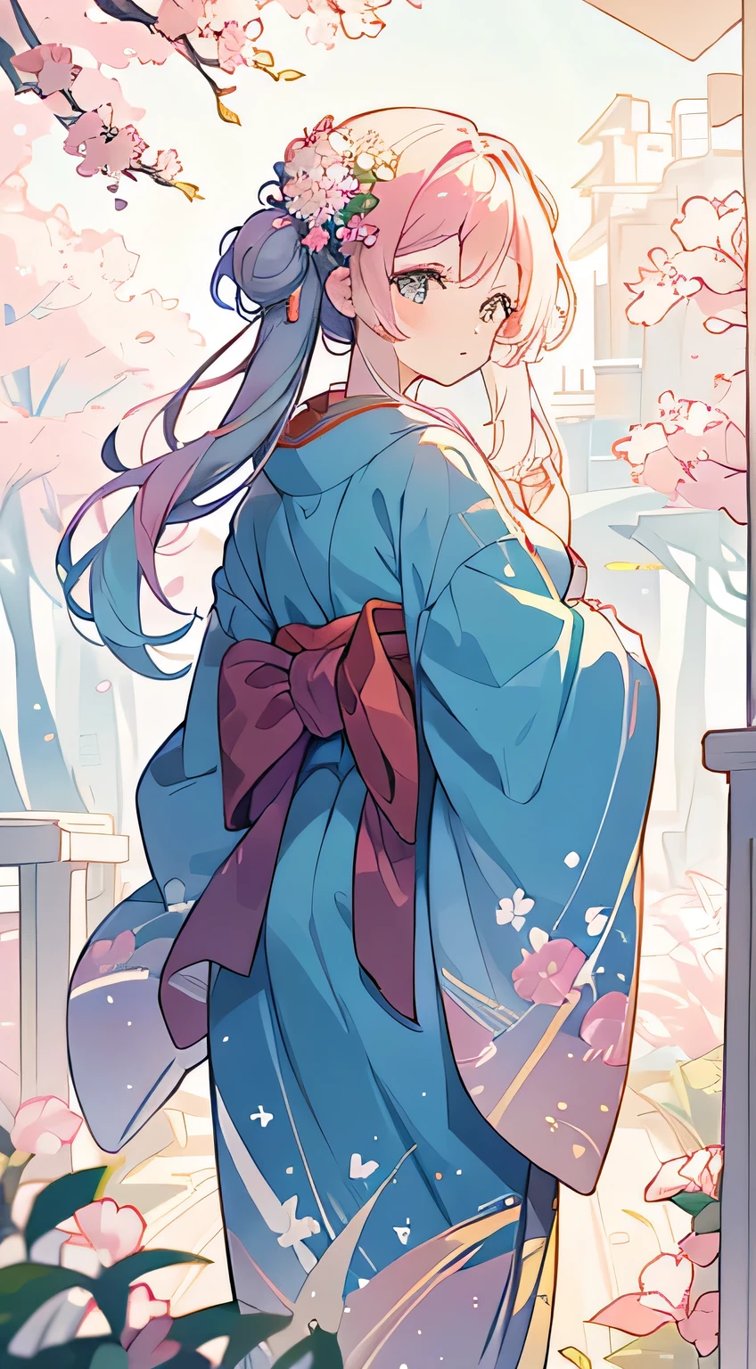 (8k), (ultra quality), (masterpiece), (a beautiful girl), (beautiful color), (beautiful back ground), pastel art, simple line,  soft light, colorful, full body, kimono, anime, bring soft color, flowers, dappled sunlight,