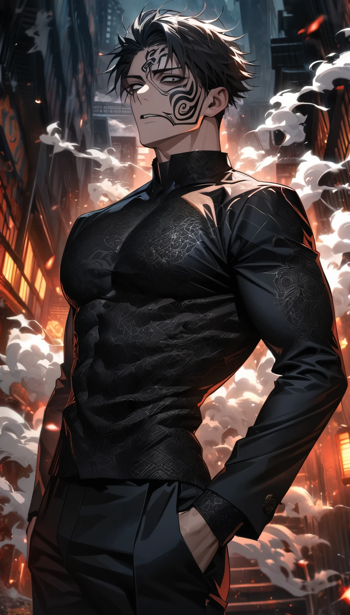 Ultra detailed, HDR, Highres, absurdres, master piece, Ryomen Sukuna, expressive Black eyes, black hair, dark tattoo under the eyes, Jujutsu Kaisen, black suit with patterns, black tight shirt, white smoke, horror at night, sexy man, solo, extremely detailed face and eyes, extremely handsome, glittering