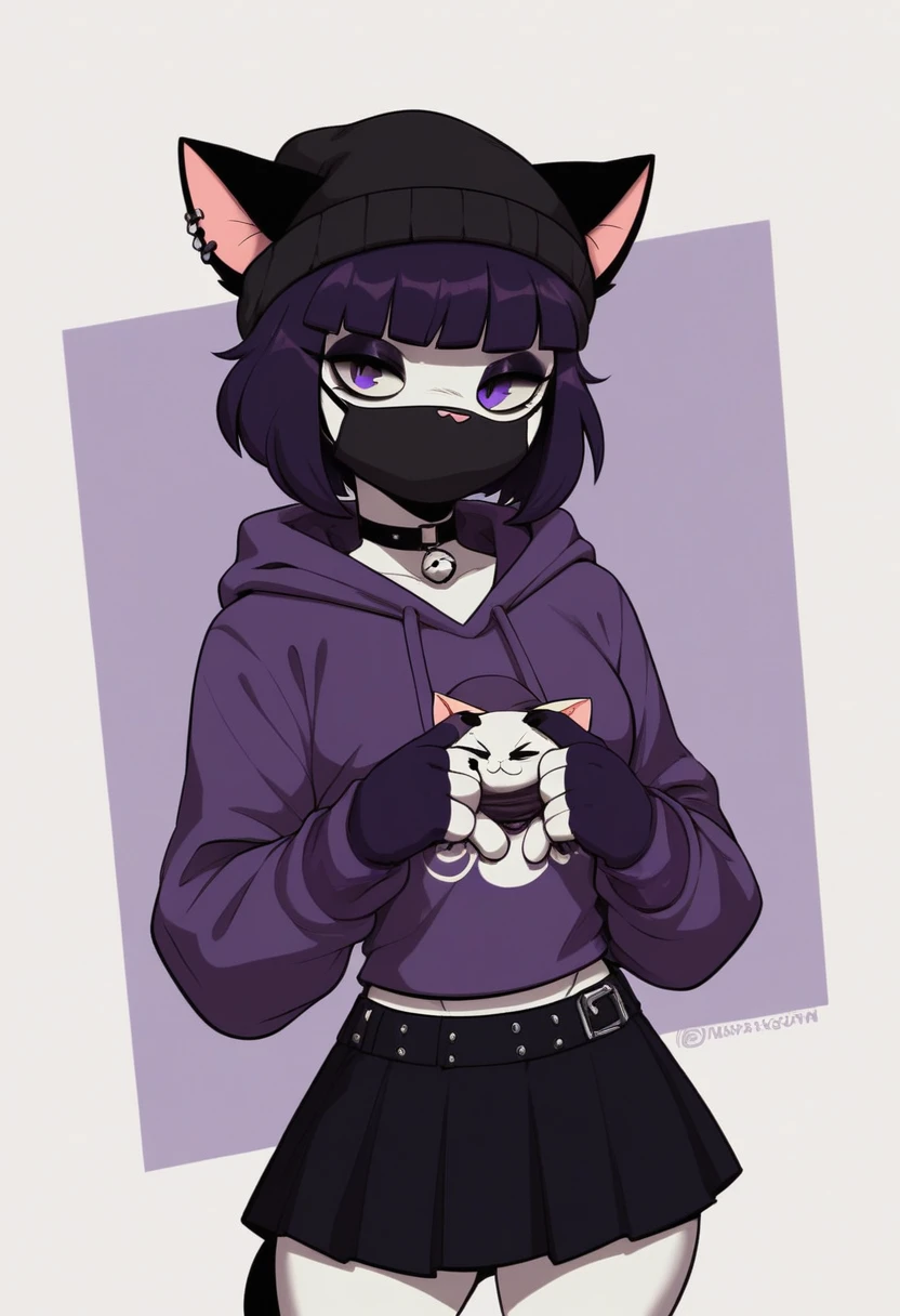 ((Better quality ,Work of art)) , anthro cat boykisser ,beanie , wearing goth Clothing ,((wearing Purple hoodie))  , white body ,((cat Black ears)) , wearing face mask , wearing skirt, 