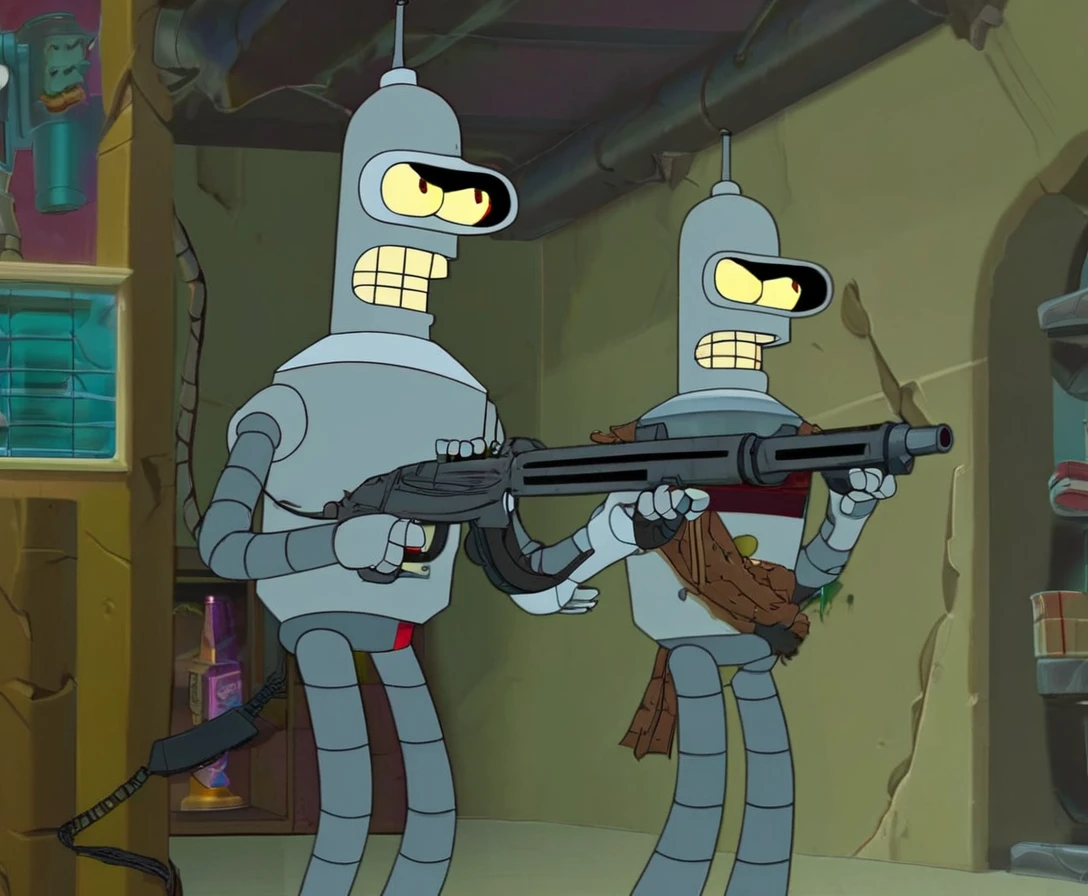 Bender wearing Cowboy Clothes holding Uzi Machinegun 