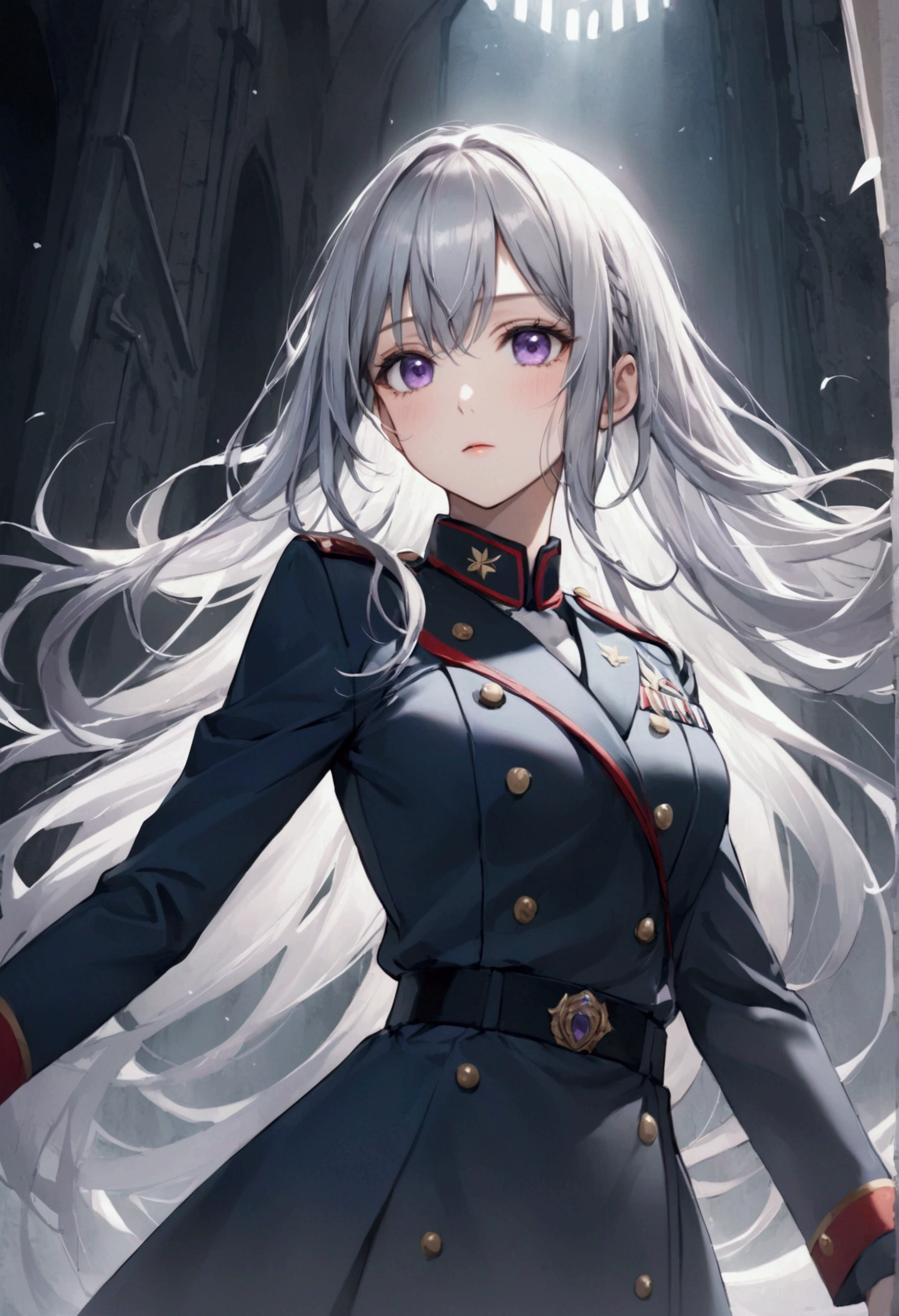 Highest quality、Delicate depiction、Beautiful woman、Silver Hair、Long Hair、Amethyst Eyes、Blue-gray military uniform、