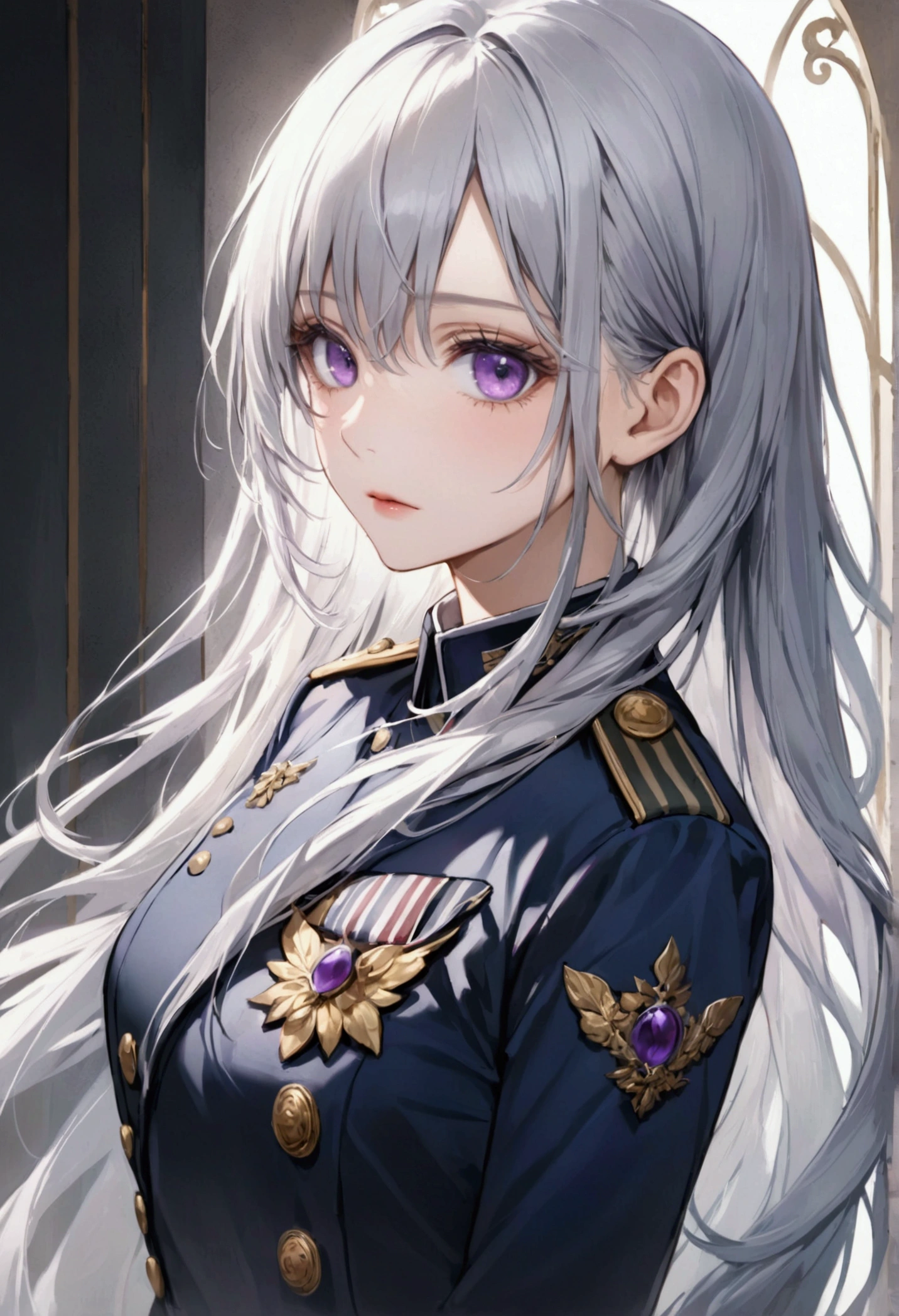 Highest quality、Delicate depiction、Beautiful woman、Silver Hair、Long Hair、Amethyst Eyes、Blue-gray military uniform、