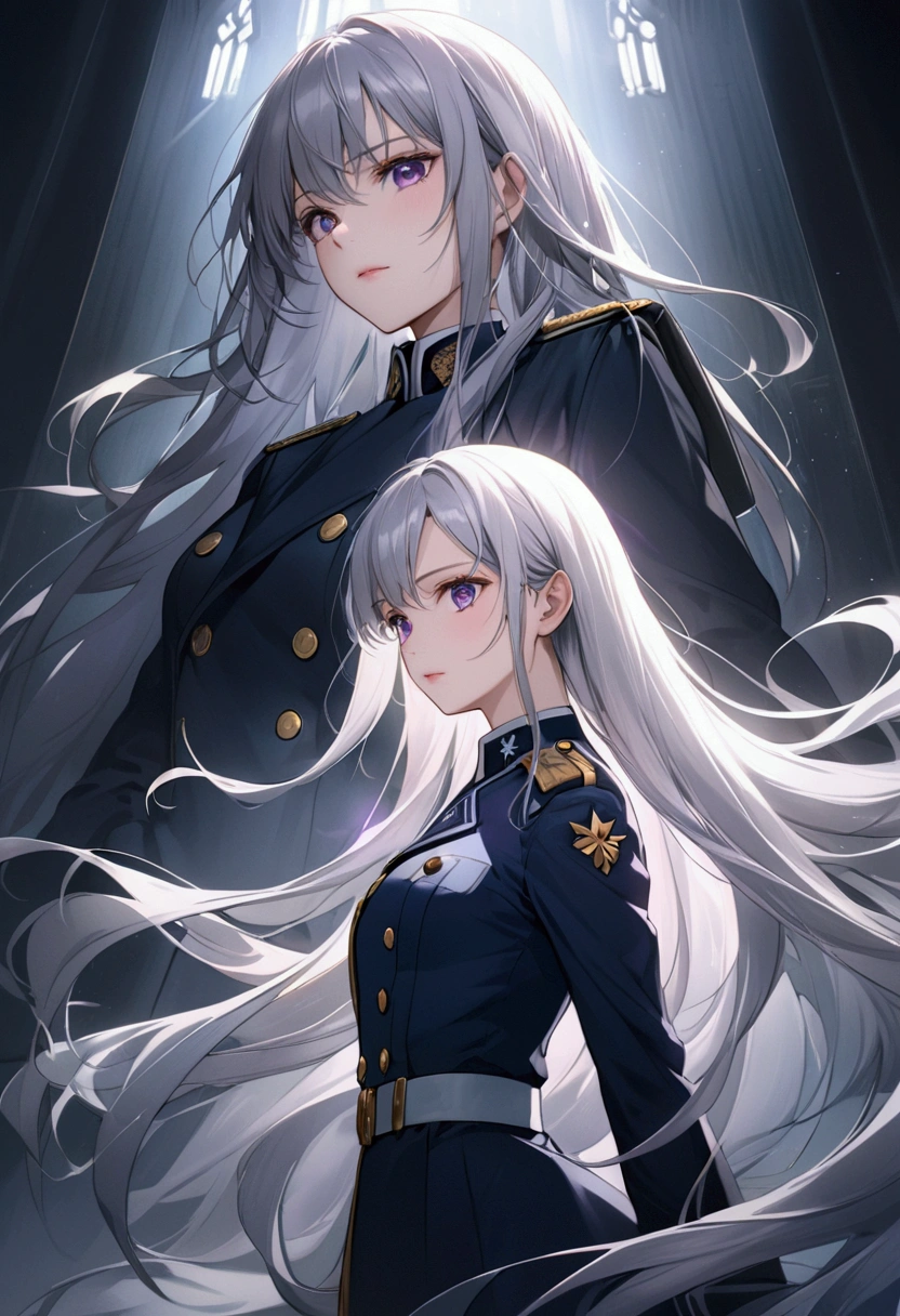 Highest quality、Delicate depiction、Beautiful woman、Silver Hair、Long Hair、Amethyst Eyes、Blue-gray military uniform、