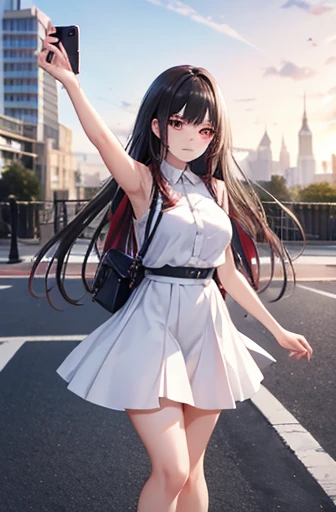 game , Nikke, the goddess of victory, Neat , Black Hair,  Captivating eyes ,beautiful face , Crystal red eyes ,  Long Hair , Sleeveless shirt ,Underarm, White shirt, Long skirt,Selfie style, 1 handbag, Bright Eyes, ,G-cup breasts, Narrow waist, Captivating thighs, 5 fingers on each hand, both hands ,2 Foot , city, date, Are standing, beautiful, High heels, Dawn, Recreational Park,