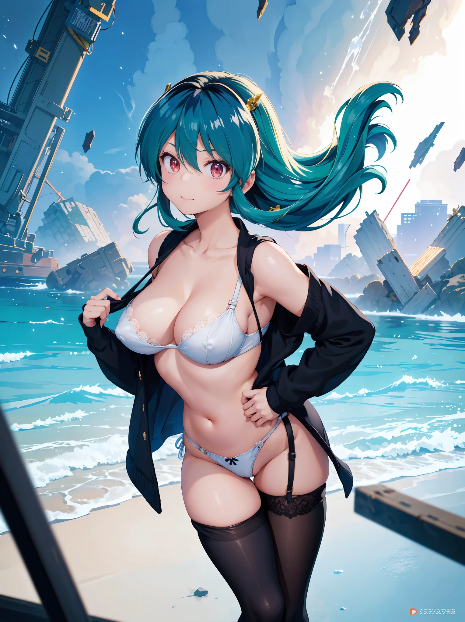 (1 Girl),(high quality), (High resolution), (Very detailed), (8k),(Demolition paperback correct)、Urusei Yatsura、Ram-chan、((Sexy Lingerie))、Wearing a blazer、((Focus on the whole body))、Nipple Shape、((Black knee-high stockings))、Hair messed up by the strong wind、Neutral White Lighting,Sexy pose、