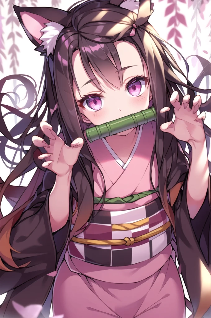 1girl, animal ear fluff, animal ears, bamboo, bit gag, blush, brown hair, cat ears, checkered, checkered obi, claw pose, fingernails, forehead, gag, gagged, hair ribbon, japanese clothes, kamado nezuko, kimono, long hair, looking at viewer, mouth hold, multicolored hair, obi, petals, pink eyes, pink kimono, pink ribbon, ribbon, sash, sharp fingernails, solo, very long hair, wide sleeves