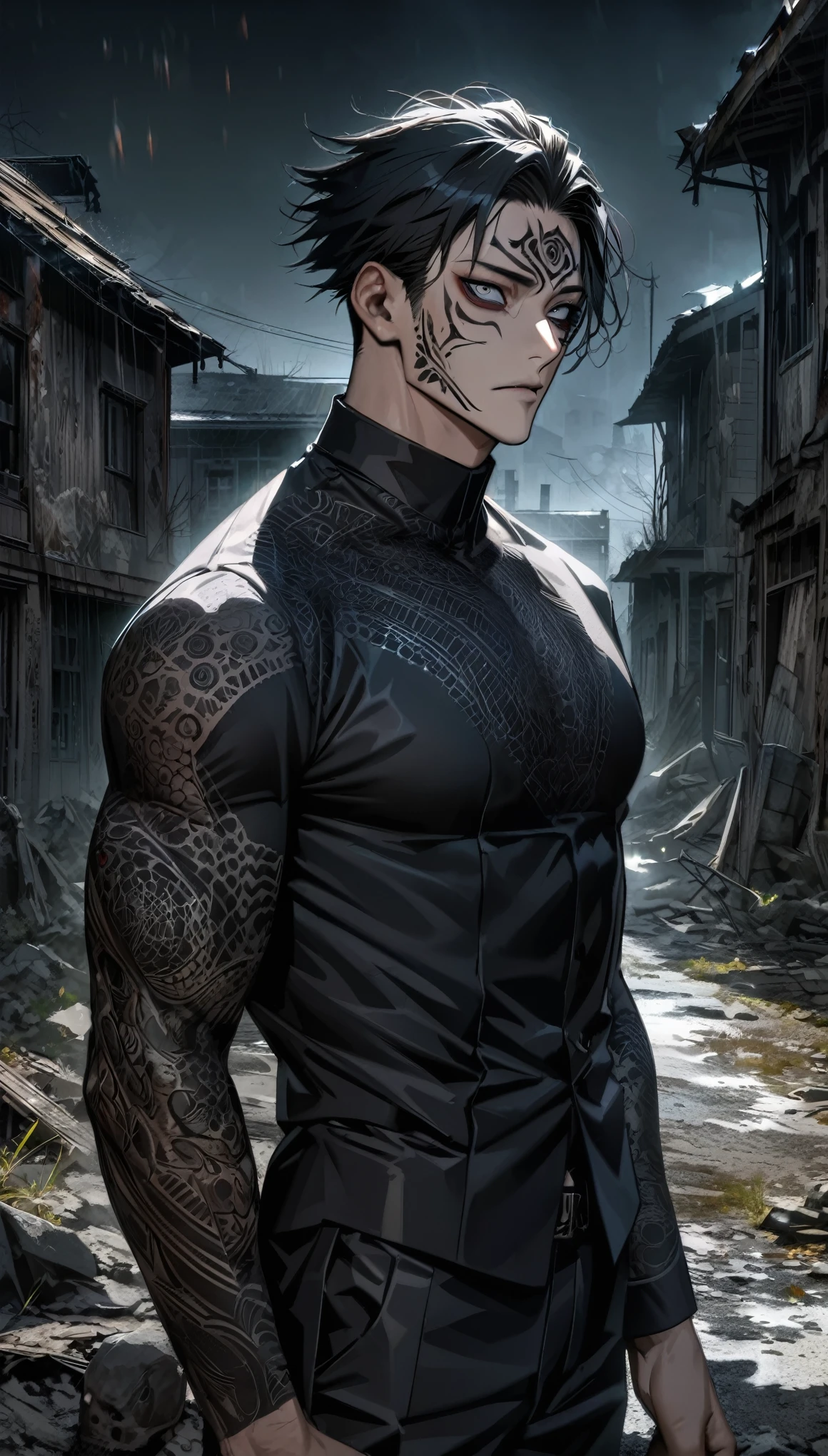 Ultra detailed, HDR, Highres, absurdres, master piece, Ryomen Sukuna, expressive Black eyes, black hair, dark tattoo under the eyes, Jujutsu Kaisen, black suit with patterns, black tight shirt, white smoke, abandoned town, horror at night, sexy man, solo, extremely detailed face and eyes, extremely handsome, glittering