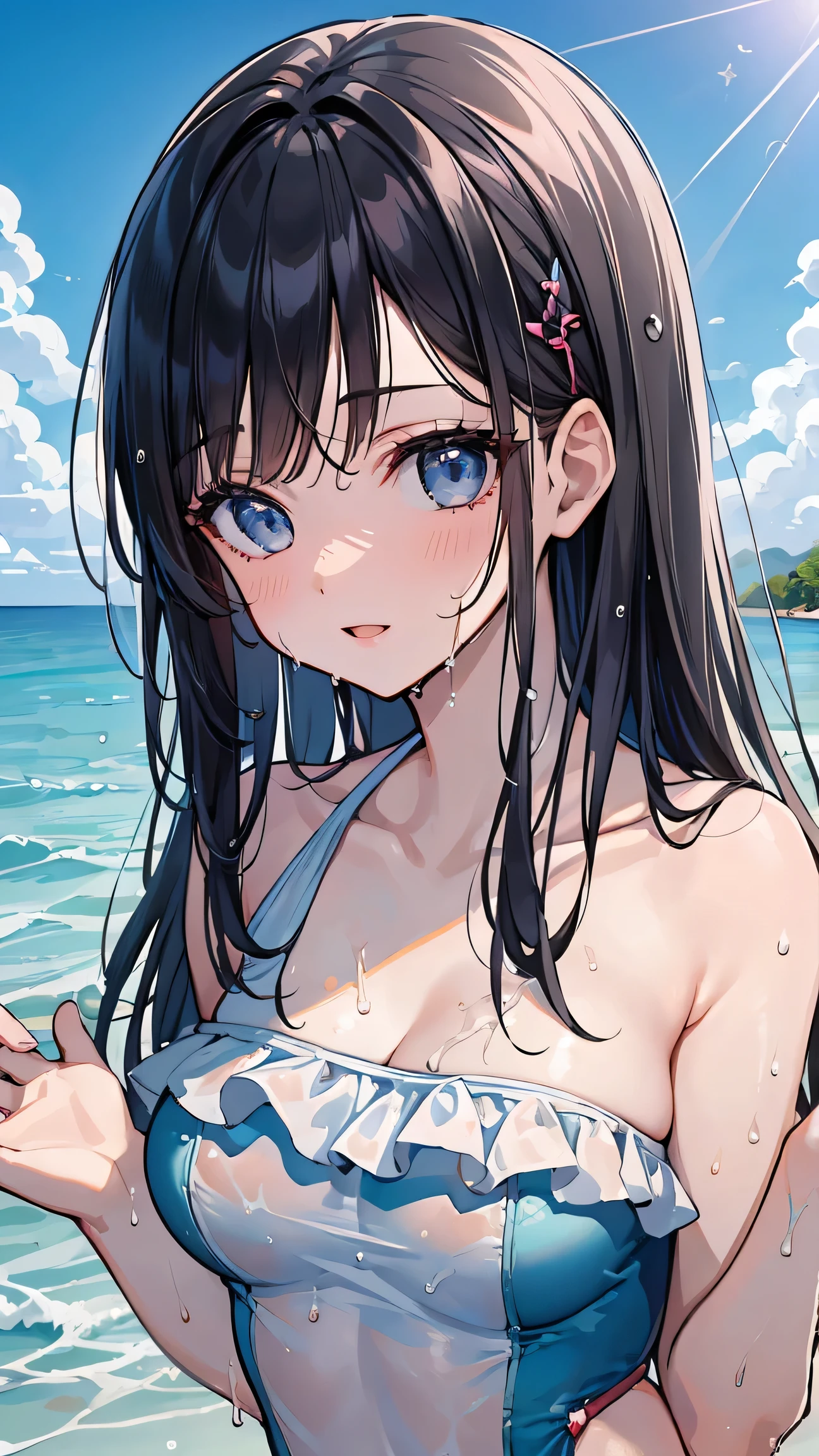 ((masterpiece)), ((best quality)), perfect detailed eyes, perfect detailed face, ultra-detailed nose, one-shoulder one-piece swimsuit, Summer beach, sea, swimsuit, adult woman, black hair, very long hair, hair spread out, wet hair, happy, Clear skies, good weather, Wave your hands widely