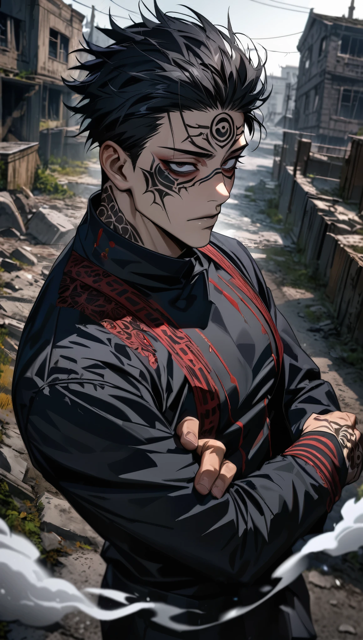 Ultra detailed, HDR, Highres, absurdres, master piece, Ryomen Sukuna, expressive Black eyes, black hair, dark tattoo under the eyes, Jujutsu Kaisen, black suit with patterns, black tight shirt, white smoke, abandoned town, horror at night, sexy man, solo, extremely detailed face and eyes, extremely handsome, glittering
