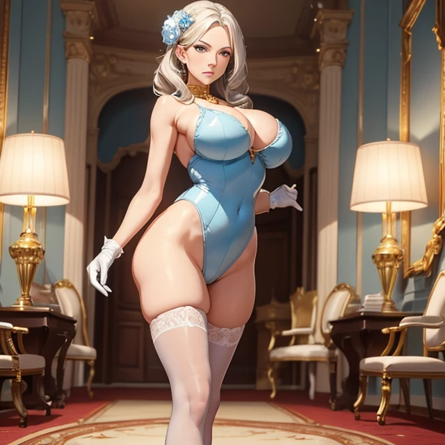 (masterpiece image, very detailed image, best high quality high definition image), solo character
1woman 40 years old beautiful swedish woman milf, fair skin, light blue eyes, wavy yellow gold hair, absolute beauty, aristocrat, wealthy powerful woman, serious face, big breasts, voluptuous figure, huge butt (headbang bith two flue flowers, silver necklace, white gloves, leotard, white blue hoses, gold high heel shoes,), standing around dinner room