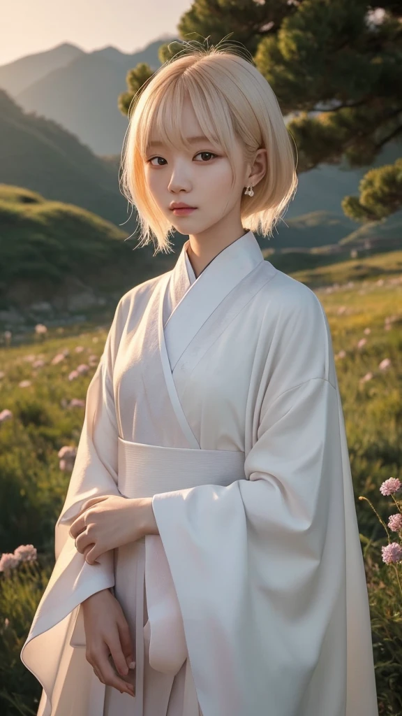 「Korean albino girl」Generates the featured image。Please include the following elements:
- **Object**: Korean albino girl
- **adjective**: beautifully、Elegant、Mysterious - **Mood/atmosphere**: Calm and fantastic、少し幻想的なatmosphere
- **composition**: Focusing on the upper body、Make sure your body from the shoulders up is clearly visible - **time zone**: Magic hour after sunset - **illumination**: Soft and warm sunset light、The soft shadows are beautiful - **Movement**: Calm and quiet pose、Turn your face slightly to one side - **style/theme**: Romantic and fantastical、Reminiscent of Korean legends and myths - **Placement Description**: The background features traditional Korean decorations and、Beautiful scenery of nature(for example、Mountain々and flowering meadow)Put in、Use this prompt to highlight the main character、幻想的で美しいKorean albino girlの画像を生成してください。