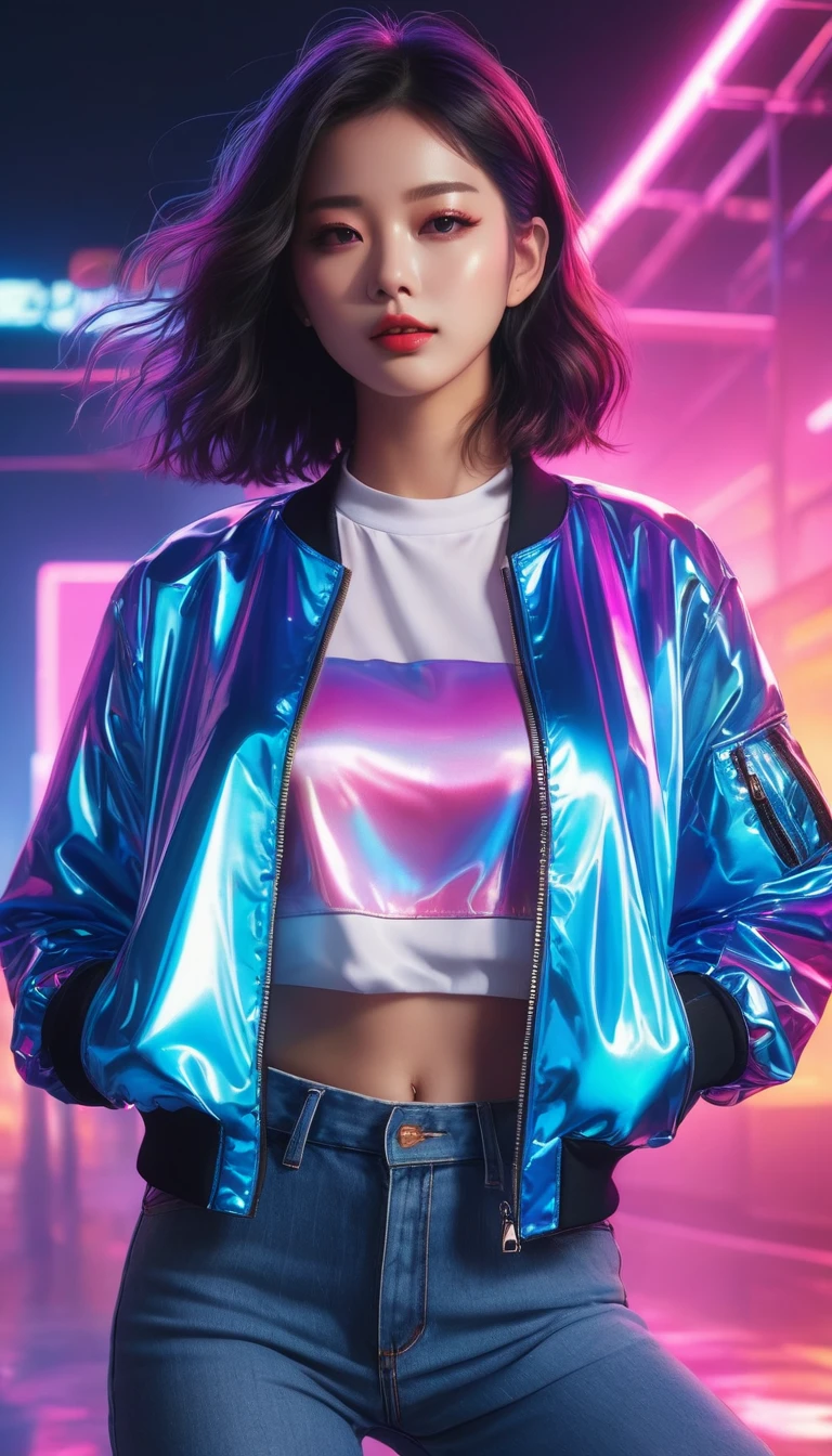 One girl, Colorful Themes, Synthwave Sky,(最high quality, high quality, High resolution), Realistic, Very detailed, Very detailed顔の特徴, Absurd, Realistic lighting and reflections, Very detailed顔の特徴, See-through shirt, Best Photos,high quality illustration、Wearing a bomber jacket