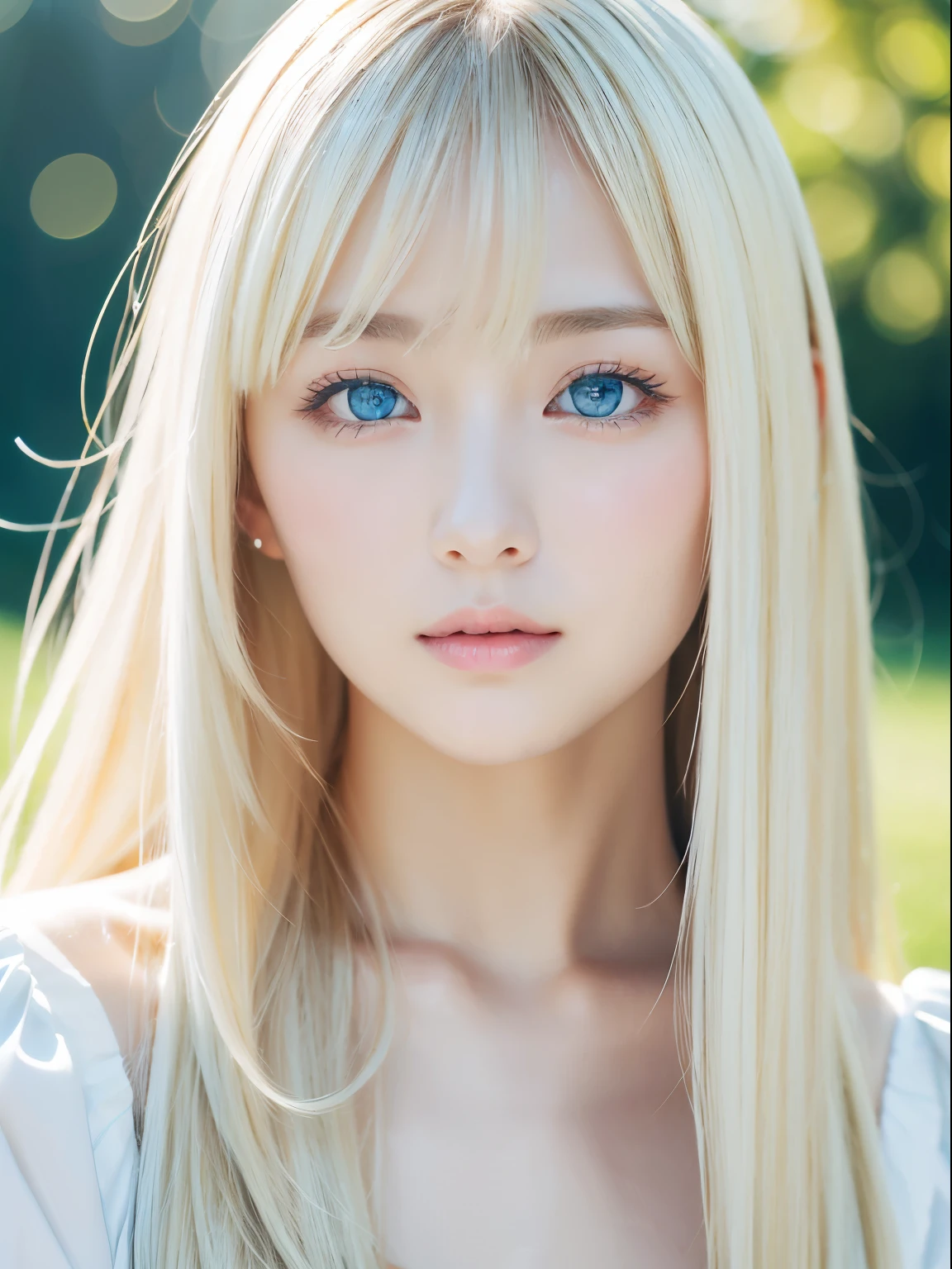 Transparent white glossy skin、Face gloss、Blonde with strong wind in front of pretty face、20 years old ridiculously cute sexy beautiful norwegian girl、Small Face Beauty、Shiny pale light blue eyes and details (Looking into the camera), SLR lighting, Single-lens reflex camera, super high quality, Sharpness, Depth of written boundary, Film Grain (center), Fujifilm XT3, Crystal Clear, Frame center, 完璧にBeautiful Face、Beautiful Face、Beautiful hair with sparkling bright straight blonde hair、Silk bangs between the eyes、Bangs hide the eyes, Sparkling pale blue eyes, Sexy super long blonde cute young woman with super long blonde shiny light hair